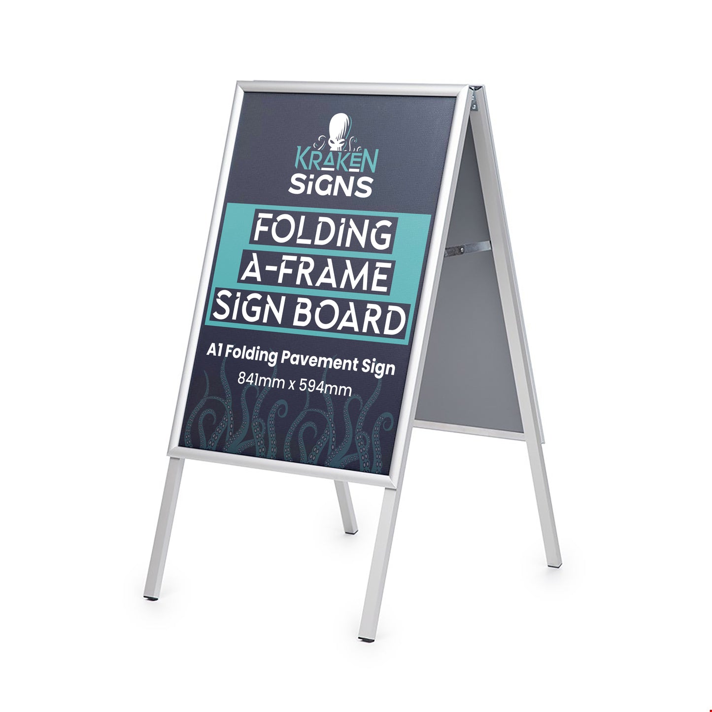 Product image of an A1 silver framed, folding sign board. Fitted with Kraken Signs branded posters.