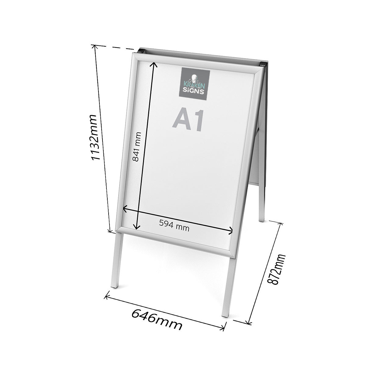 Dimensions of an A1 folding sandwich board. 841mm x 594mm. Small Kraken Signs logo branded on to the poster.