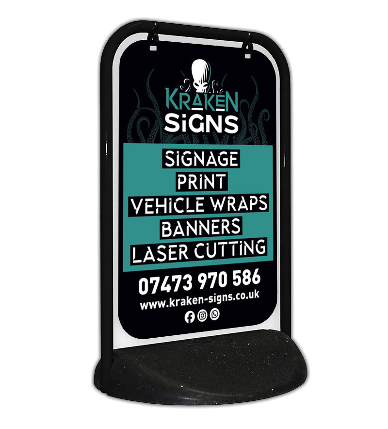 Product image of the Swinger 2 Pavement Sign with a black frame. Kraken Signs branding