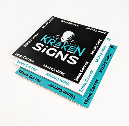 Angled product image for Correx Signs with Kraken Signs branding. 3mm correx, 5mm correx, 10mm correx.