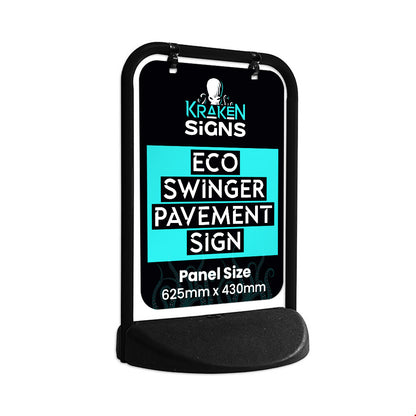 Eco A-board with a black steel frame. Panel has Kraken Signs branding printed on to the front.