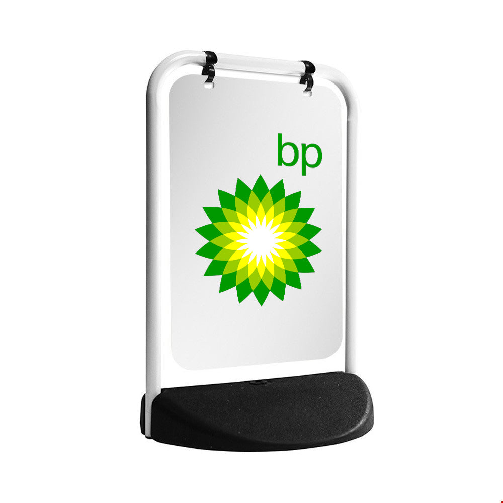 Eco sandwich board with a white steel frame. Panel has BP logo printed on to the front.