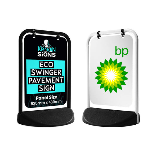 2 Eco swinger pavement signs standing side by side for a product image. Left has Kraken Signs branding, right has BP branding.