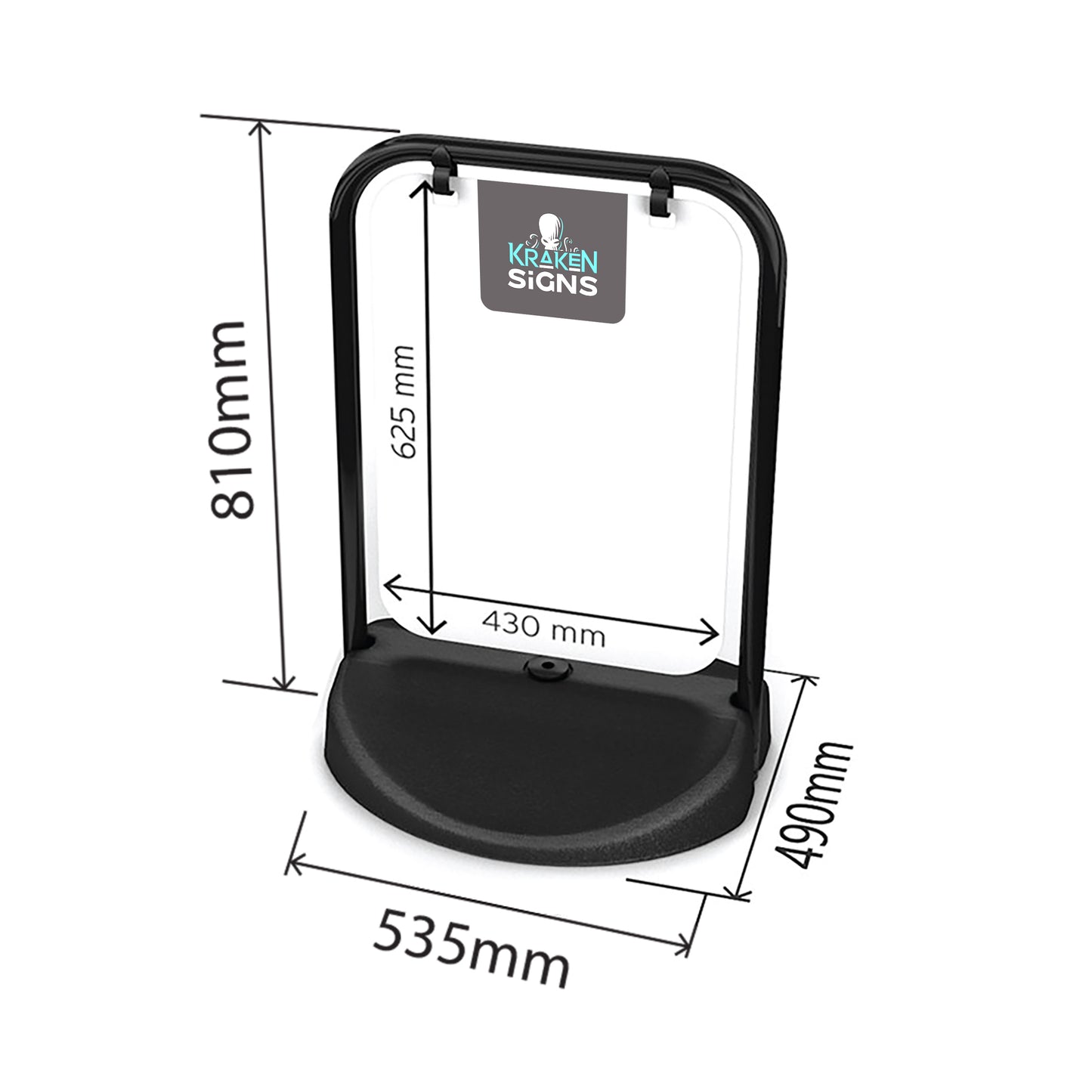 Dimensions of the Eco Swinger pavement sign. Panel size is 625mm x 430mm.