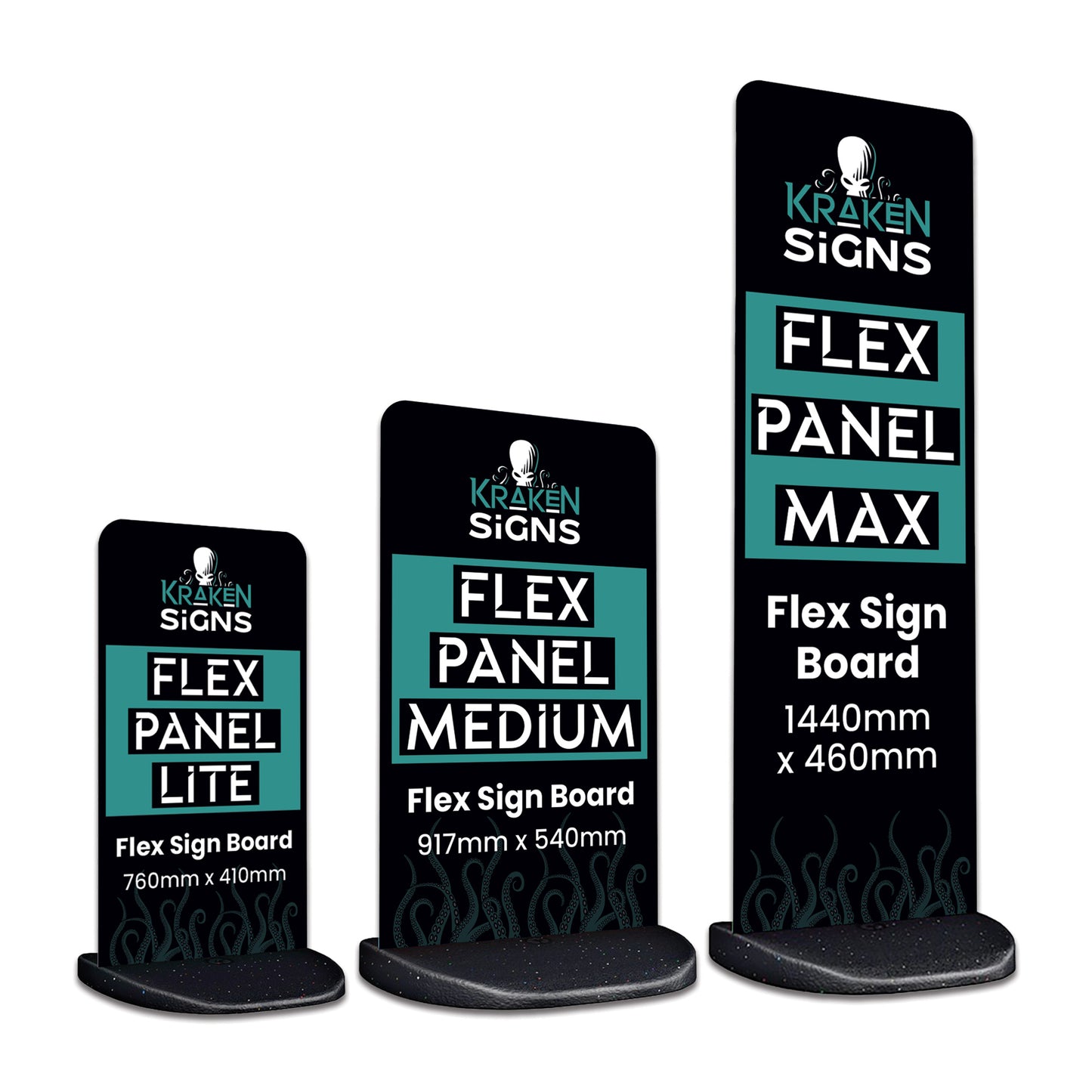 Product image for Flex Panel Pavement Signs. Showing 3 different sizes, lite, medium and max. Branded by Kraken Signs.