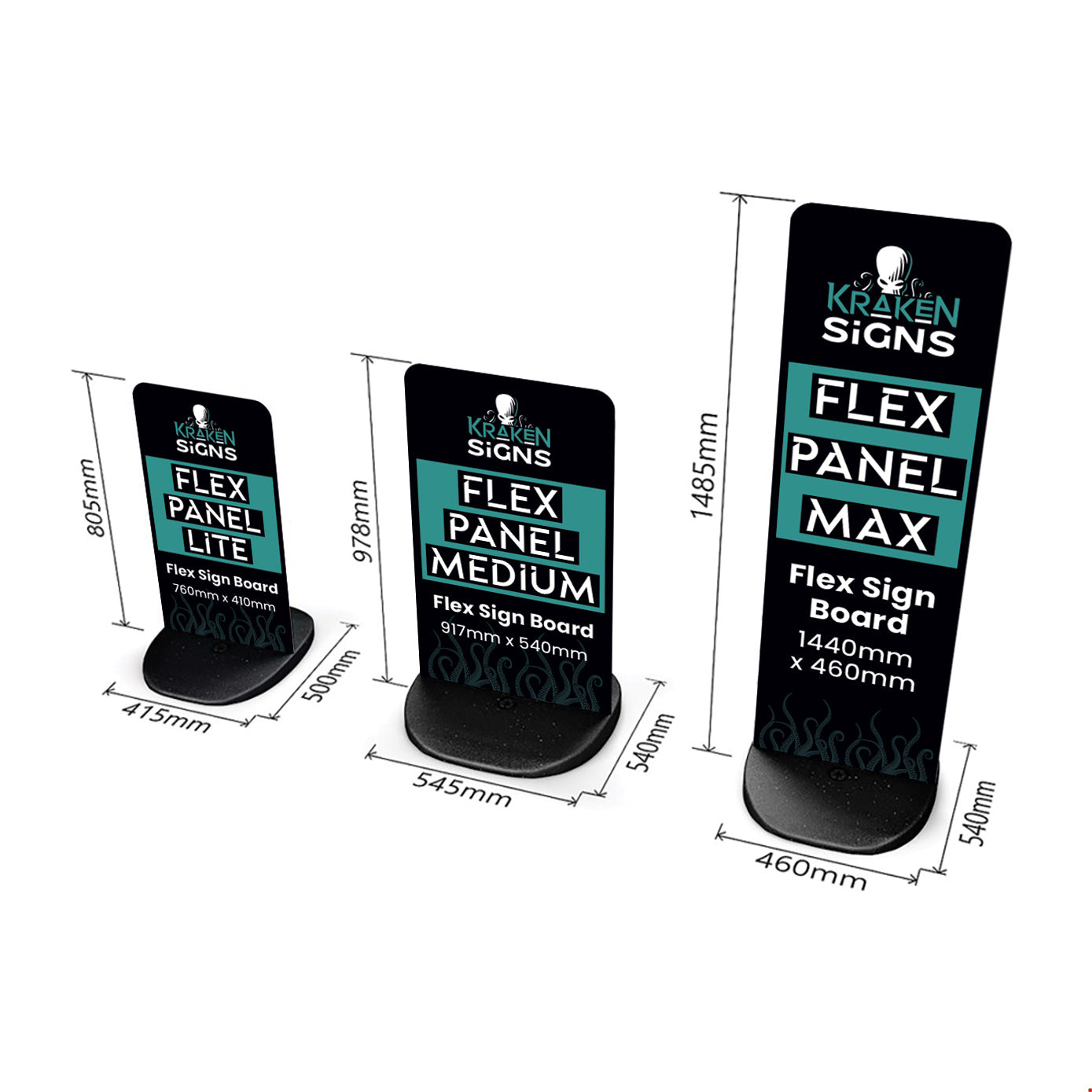 Dimensions for every Flex Panel Pavement Sign. Size for Flex Panel Lite, Size for Flex Panel Medium, Size for Flex Panel Max. Branded for Kraken Signs.