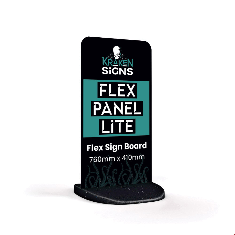 Flex Panel Lite Pavement Sign. Branding shows size of 760mm x 410mm and Kraken Signs.