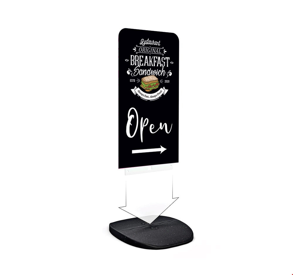 Image shows how the Flex Panel Pavement Sign slots together. Branded for a cafe sandwich shop.