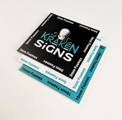 Product image for foamex signs with Kraken Signs branding. 3mm foamex, 5mm foamex, 10mm foamex.