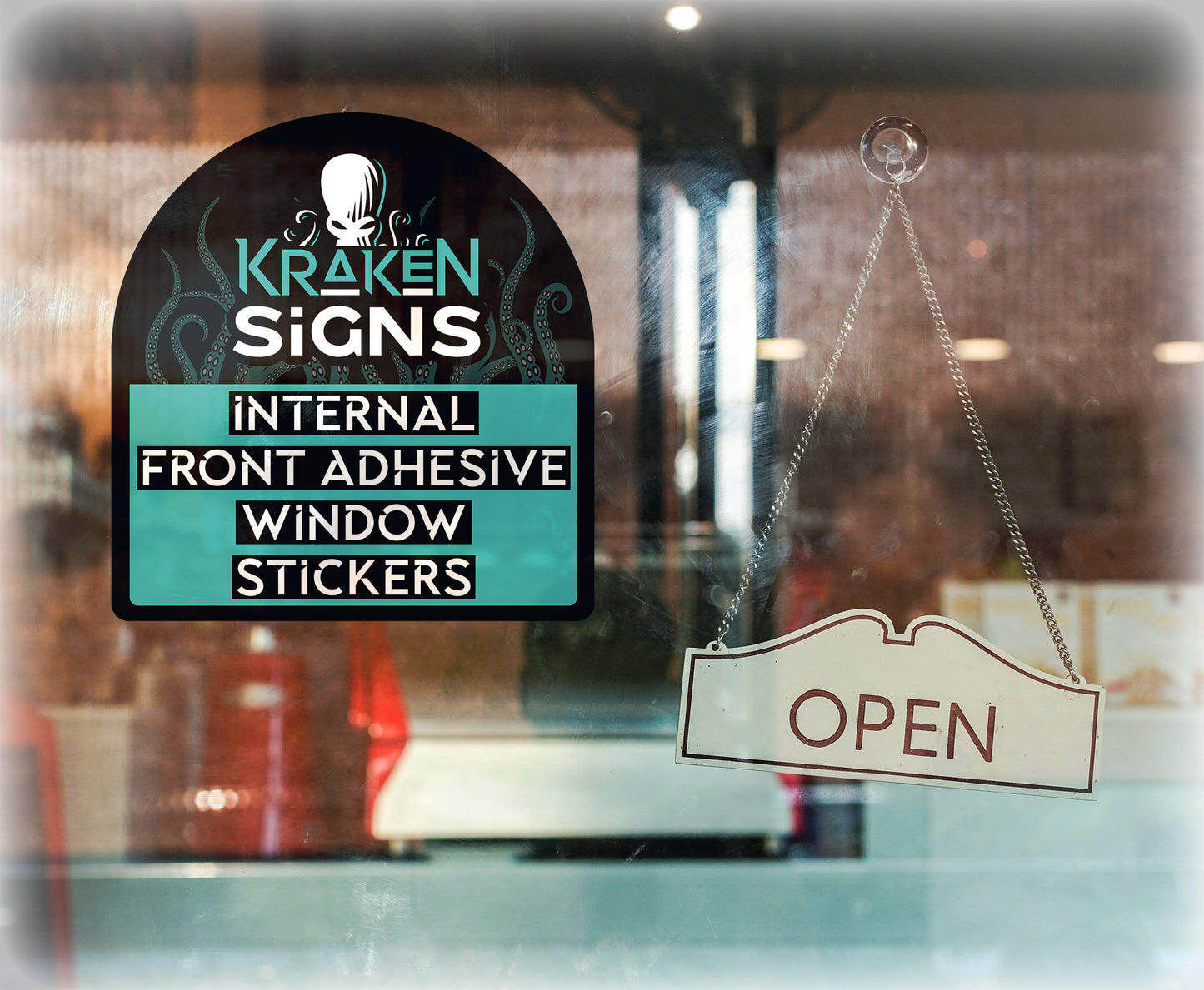 Product image of an internal window sticker, applied to a shop window. Kraken Signs branding.