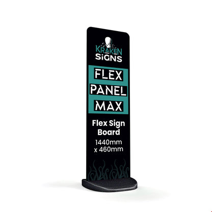 Flex Panel Max Pavement Sign. Branding shows size of 1440mm x 460mm and Kraken Signs.