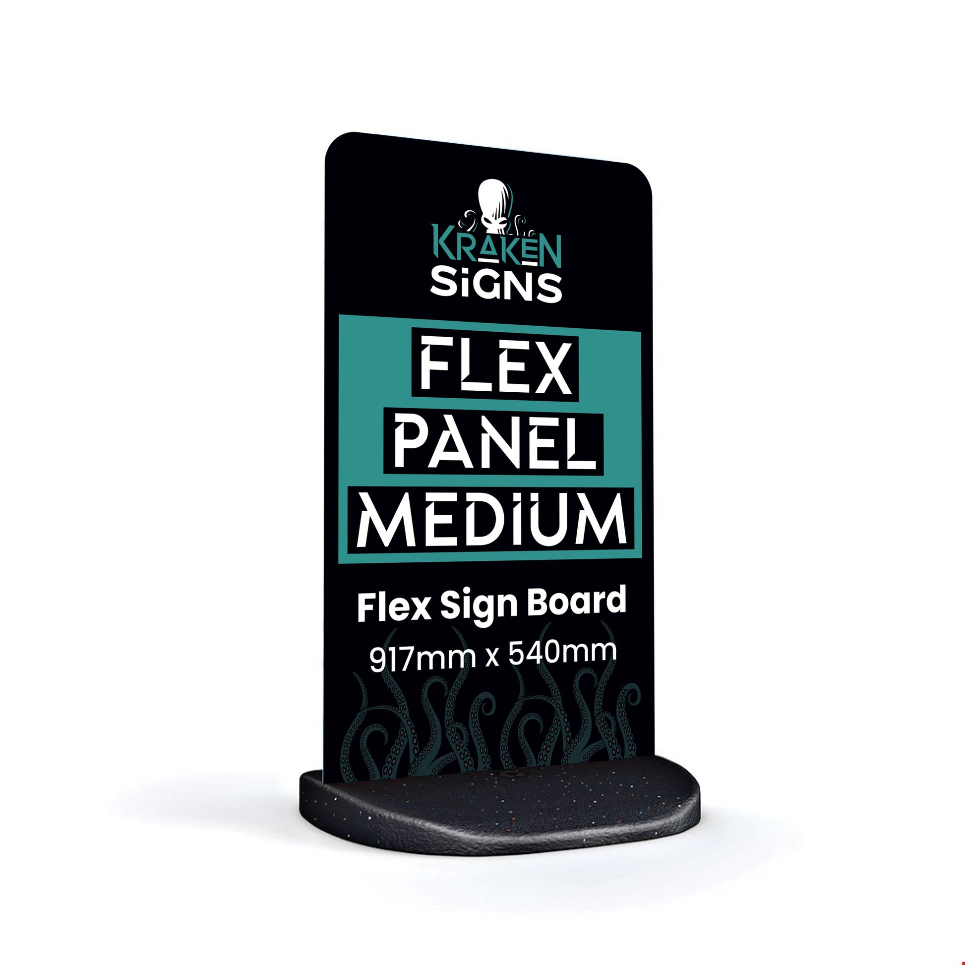 Flex Panel Medium Pavement Sign. Branding shows size of 917mm x 540mm and Kraken Signs.