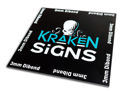 Product image of 3mm thick aluminium dibond, with Kraken Signs branding.