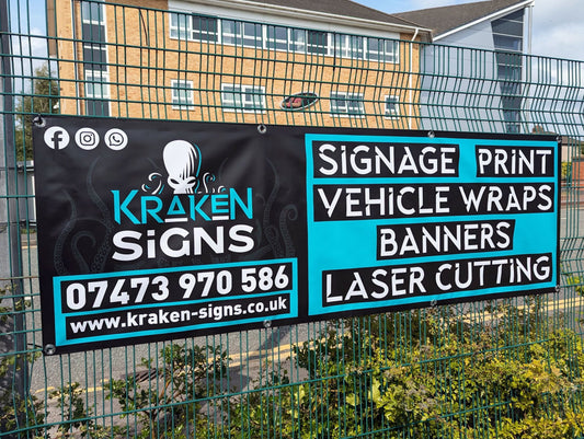 6ft x 2ft Printed PVC Banner for Kraken Signs. Fixed to mesh fence with cable ties.