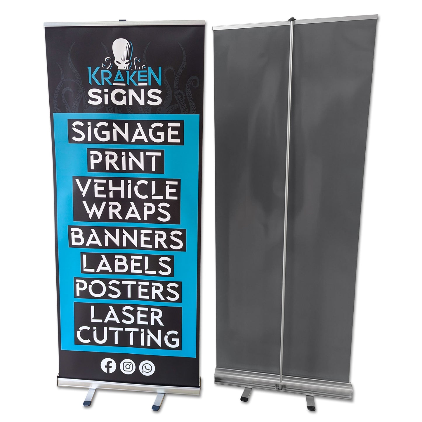 Printed roller banner for Kraken Signs. Showing front and back of graphic.