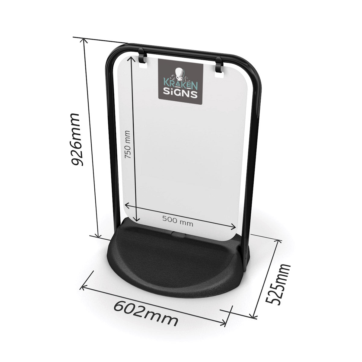 Dimensions of the Swinger 2 Pavement Sign with a black frame. Small Kraken Signs logo branded on to the panel.