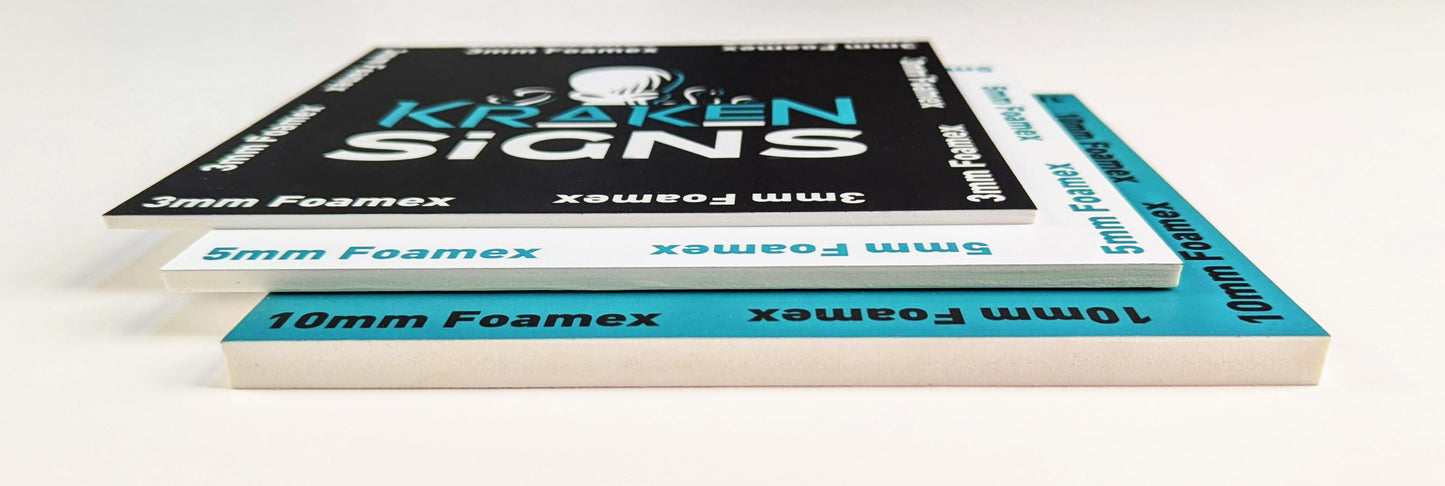 Different thicknesses of white foamex. 3mm foamex, 5mm foamex, 10mm foamex. Kraken Signs branding.