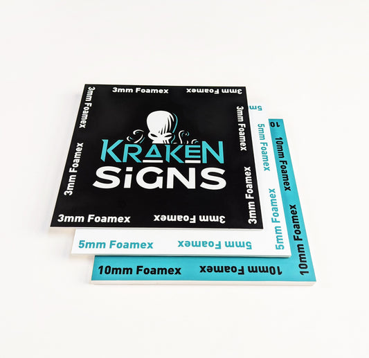 Product image for Kraken Signs. Showing various foamex sign panels. 3mm foamex, 5mm foamex, 10mm foamex.