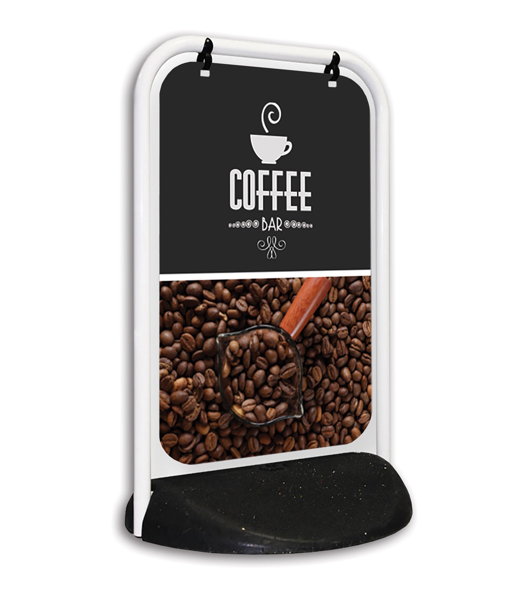 Product image of the Swinger 2 Pavement Sign with a white frame. Coffee shop branding